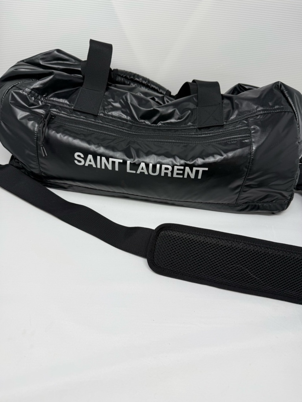 Saint Laurent Black Glossy Duffel Bag with White Logo